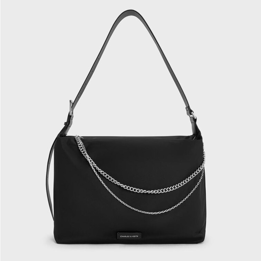 Charles & Keith Nylon Chain-Link Slouchy Shoulder Bag - Noir